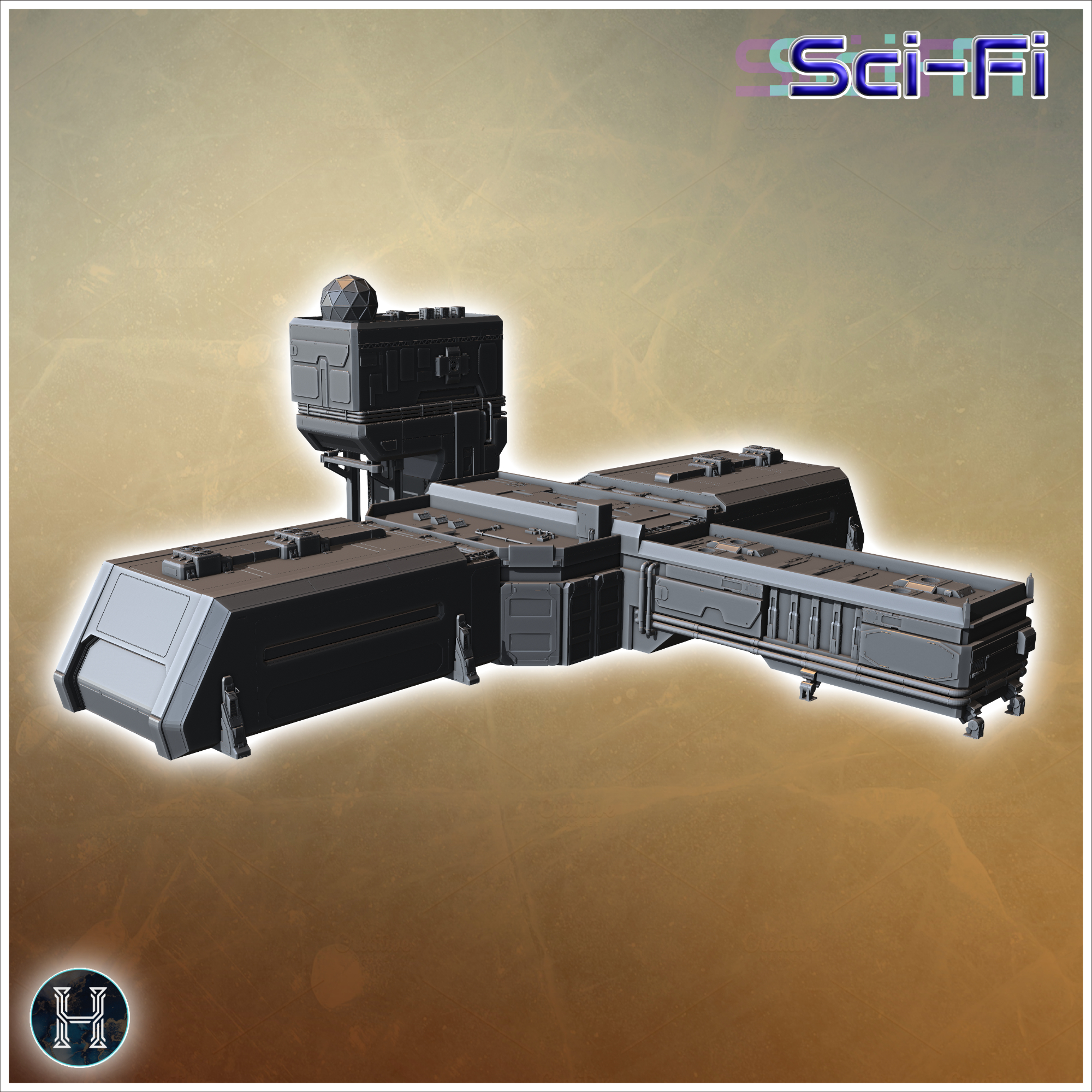 Modular building structure with central tower and extended platforms for operational support (8) - Future Sci-Fi SF Post apocalyptic Tabletop Scifi Wargaming Planetary exploration RPG Terrain